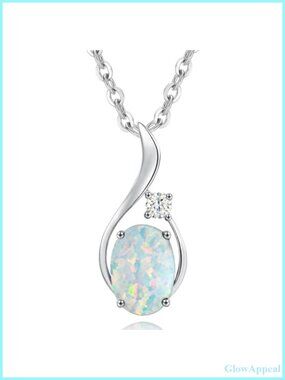 14K Solid White Gold Oval Opal Pendant Necklace with Diamond Fine Jewelry Gift